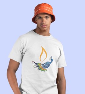 Peacock rangoli printed diwali themed unisex round neck blended white t-shirt specially for diwali festival