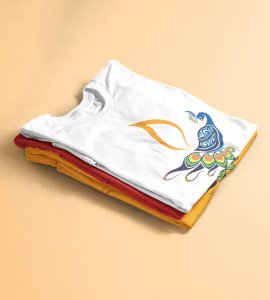 Peacock rangoli printed diwali themed unisex round neck blended white t-shirt specially for diwali festival