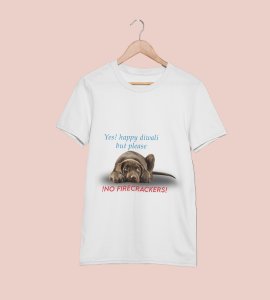 No harm to animal, diwali themed unisex round neck blended white t-shirt specially for diwali festival