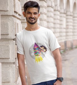 Rocket cracker printed diwali themed unisex round neck blended white t-shirt specially for diwali festival