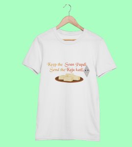 Keep the soan papdi printed diwali themed unisex round neck blended white t-shirt specially for diwali festival