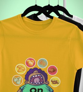 Animated fatty boy printed diwali themed unisex round neck blended yellow t-shirt specially for diwali festival
