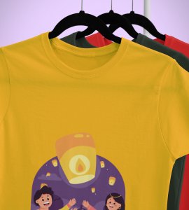 Air balloon & animated couple printed diwali themed unisex round neck blended yellow t-shirt specially for diwali festival