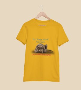 No harm to animal, diwali themed unisex round neck blended yellow t-shirt specially for diwali festival