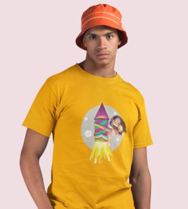 Baby cracker printed diwali themed unisex round neck blended yellow t-shirt specially for diwali festival