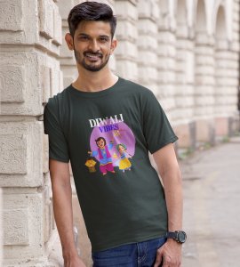 Traditional dressup combined father-daughter duo printed diwali themed unisex round neck blended green t-shirt specially for diwali festival