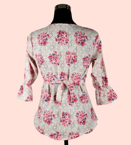 Red Blossoms on Cream: Women's Floral Print Top - Timeless Elegance