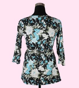 Chic Women's Floral V-Neck Top - Monochrome & Blue Mixed Print - Stylish & Versatile