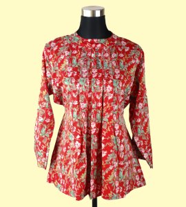 Women's Round Neck Top in Red with Green and Pink Floral Print - Vibrant and Chic