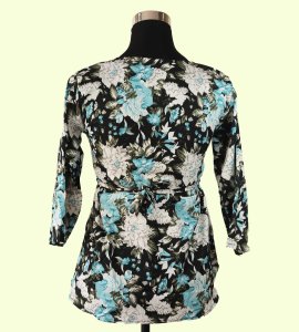 Chic Women's Floral V-Neck Top - Monochrome & Blue Mixed Print - Stylish & Versatile