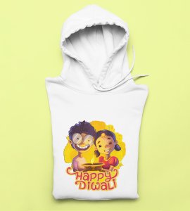 Diyas light and animated kids printed diwali themed White Hoodie specially for diwali festival
