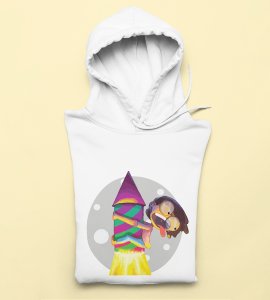 Rocket cracker printed diwali themed White Hoodie specially for diwali festival