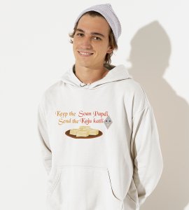 Keep the soan papdi printed diwali themed White Hoodie specially for diwali festival