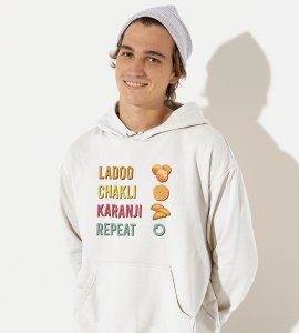 Laddoo, chakli, Karanji, repeat printed diwali themed White Hoodie specially for diwali festival