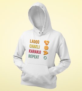 Laddoo, chakli, Karanji, repeat printed diwali themed White Hoodie specially for diwali festival
