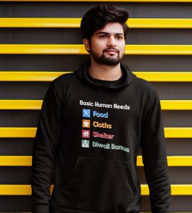 Basic human needs printed diwali themed black Hoodie specially for diwali festival