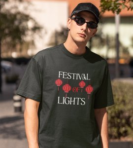 Festival of lights text printed diwali themed unisex round neck blended green t-shirt specially for diwali festival
