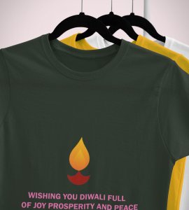 Wishing you printed diwali themed unisex round neck blended green t-shirt specially for diwali festival