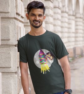 Rocket cracker printed diwali themed unisex round neck blended green t-shirt specially for diwali festival