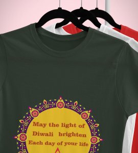 Small diyas surrounded mandala art printed diwali themed unisex round neck blended green t-shirt specially for diwali festival