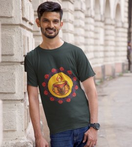 Rangoli mandala art (diya) printed diwali themed unisex round neck blended green t-shirt specially for diwali festival