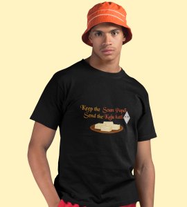Keep the soan papdi text printed diwali themed unisex round neck blended black t-shirt specially for diwali festival