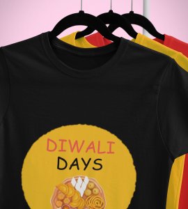 A plate of sweets printed diwali themed unisex round neck blended black t-shirt specially for diwali festival