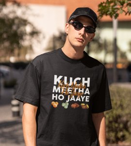 Kuch meetha ho jaye printed diwali themed unisex round neck blended black t-shirt specially for diwali festival