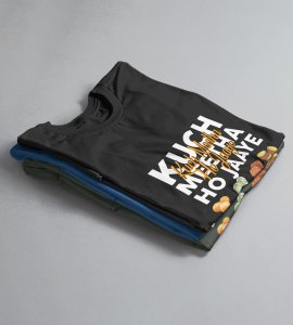 Kuch meetha ho jaye printed diwali themed unisex round neck blended black t-shirt specially for diwali festival