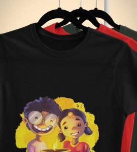 Diya light brighten with animated kids framed printed diwali themed unisex round neck blended black t-shirt specially for diwali festival