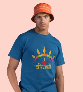 Classic earthen lamp /diyas vertically bended printed diwali themed round neck blue t-shirt specially for diwali festival
