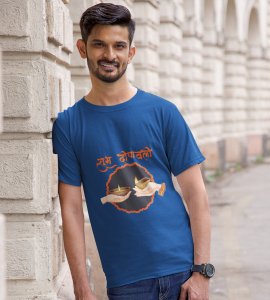 Shubh dipawali text printed diwali themed unisex round neck blended blue t-shirt specially for diwali festival