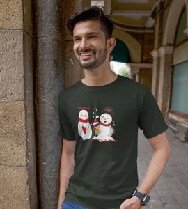 Warm Snowman : Beautifully Printed T-shirt (Green) Perfect Gift For Christmas Eve