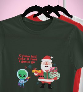Santa And Alien's Talk : Elegantly Printed T-shirt (Green) Best Gift For Boys Girls