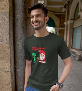Santa With His Friend : Most Uniquely Printed T-shirt (Green) Best Gift For Boys Girls