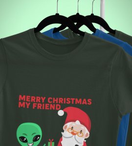 Santa With His Friend : Most Uniquely Printed T-shirt (Green) Best Gift For Boys Girls