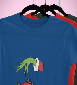 Alien & Reindeer:(Blue) Christmas Edition Printed T-shirt - Ideal for Spreading Holiday Cheer at Gym, Yoga, and Outdoor Activities