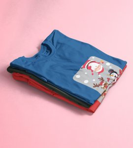 Santa And His Friends: Unwrap Joy with(Blue) T-shirt- Durable Printed for Festive Gifts For Boys Girls