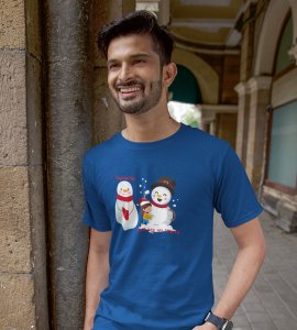 Warm Snowman : Beautifully Printed T-shirt (Blue) Perfect Gift For Christmas Eve