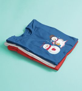 Warm Snowman : Beautifully Printed T-shirt (Blue) Perfect Gift For Christmas Eve