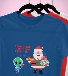 Santa And Alien's Talk : Elegantly Printed T-shirt (Blue) Best Gift For Boys Girls