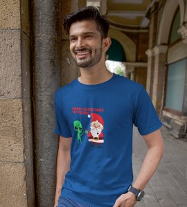 Santa With His Friend : Most Uniquely Printed T-shirt (Blue) Best Gift For Boys Girls