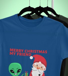Santa With His Friend : Most Uniquely Printed T-shirt (Blue) Best Gift For Boys Girls