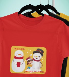 Warm Snowman : Beautifully Printed T-shirt (Red) Perfect Gift For Christmas Eve