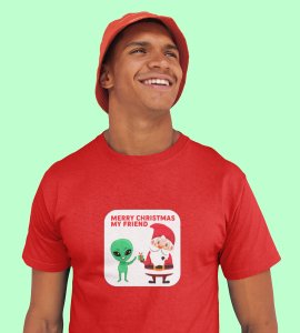 Santa With His Friend : Most Uniquely Printed T-shirt (Red) Best Gift For Boys Girls