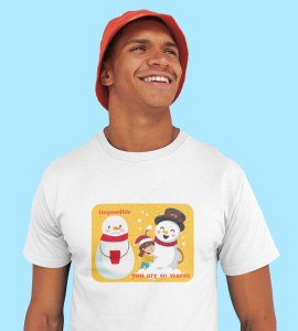 Warm Snowman : Beautifully Printed T-shirt (White) Perfect Gift For Christmas Eve