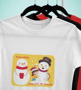 Warm Snowman : Beautifully Printed T-shirt (White) Perfect Gift For Christmas Eve