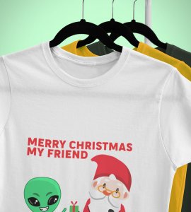 Santa With His Friend : Most Uniquely Printed T-shirt (White) Best Gift For Boys Girls