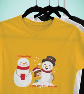 Warm Snowman : Beautifully Printed T-shirt (Yellow) Perfect Gift For Christmas Eve