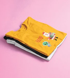 Santa And Alien's Talk : Elegantly Printed T-shirt (Yellow) Best Gift For Boys Girls